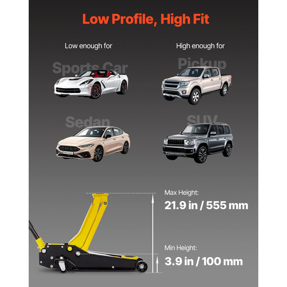 VEVOR Low Profile Floor Jack, 4 Ton (8818 lbs) Capacity, Steel Racing Floor Jack with Dual Pistons Quick Lift Pump