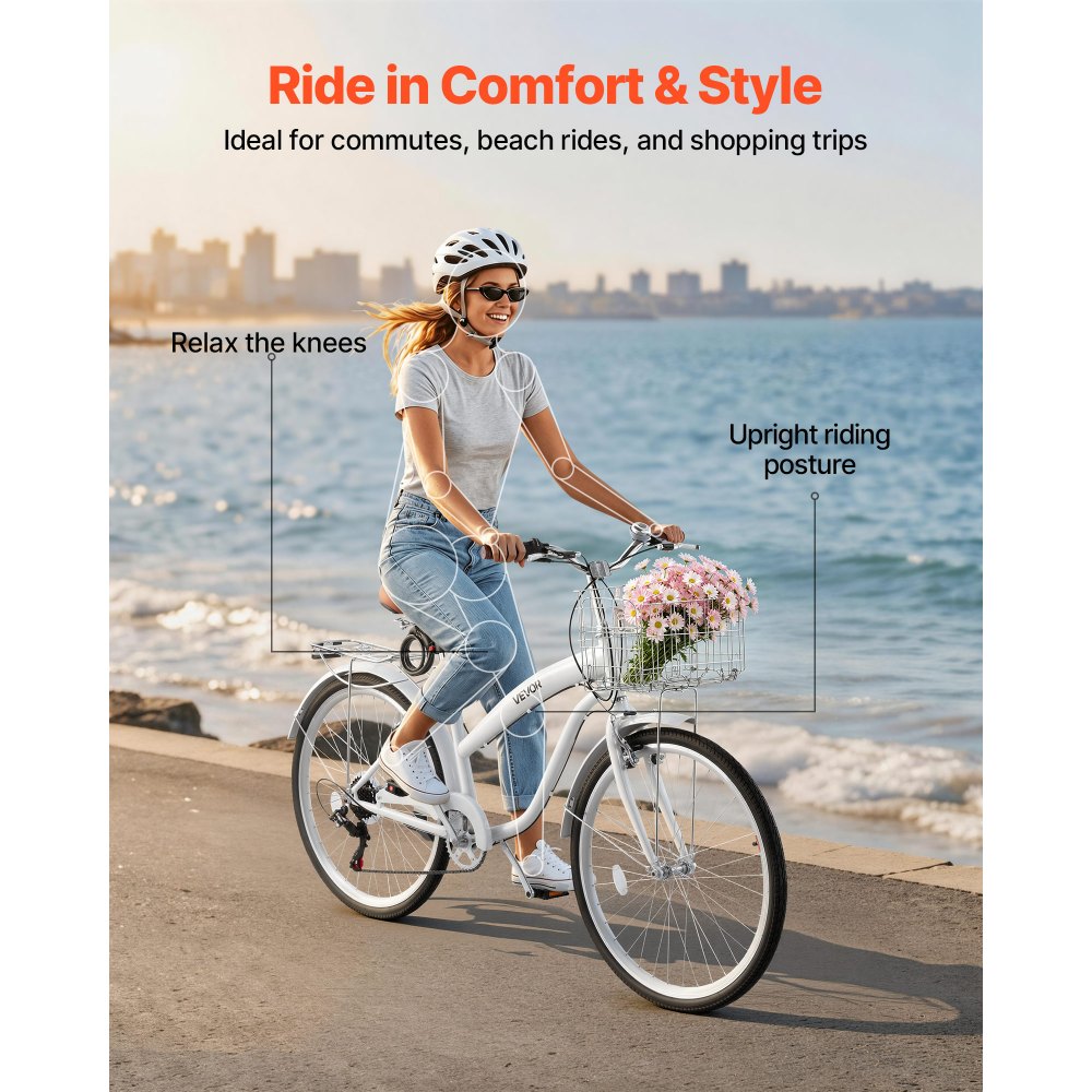 VEVOR Women Bike, 26 in Beach Cruiser Bike, 7-Speed Adult City Bicycle with Carbon Steel Frame, 330 lbs Capacity