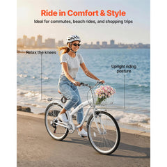 VEVOR Women Bike, 26 in Beach Cruiser Bike, 7-Speed Adult City Bicycle with Carbon Steel Frame, 330 lbs Capacity