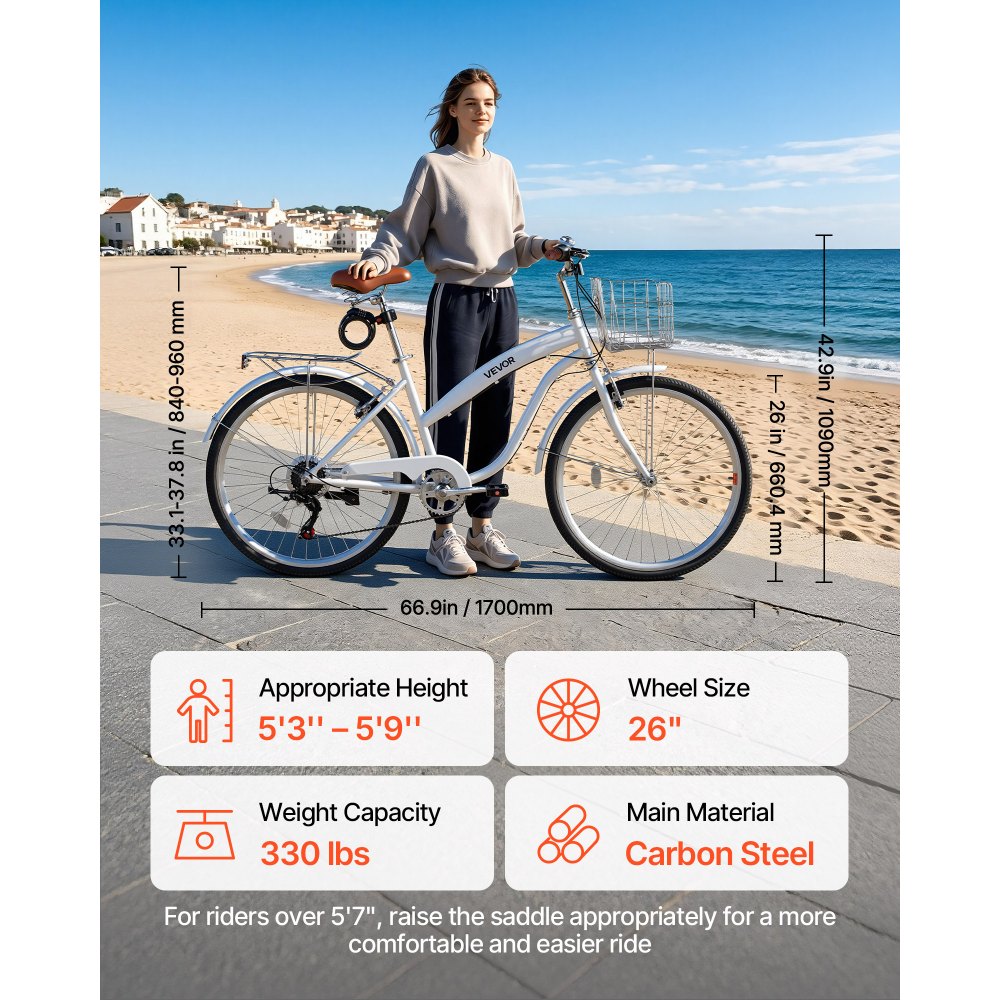 VEVOR Women Bike, 26 in Beach Cruiser Bike, 7-Speed Adult City Bicycle with Carbon Steel Frame, 330 lbs Capacity