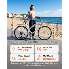 VEVOR Women Bike, 26 in Beach Cruiser Bike, 7-Speed Adult City Bicycle with Carbon Steel Frame, 330 lbs Capacity