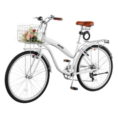 VEVOR Women Bike, 26 in Beach Cruiser Bike, 7-Speed Adult City Bicycle with Carbon Steel Frame, 330 lbs Capacity