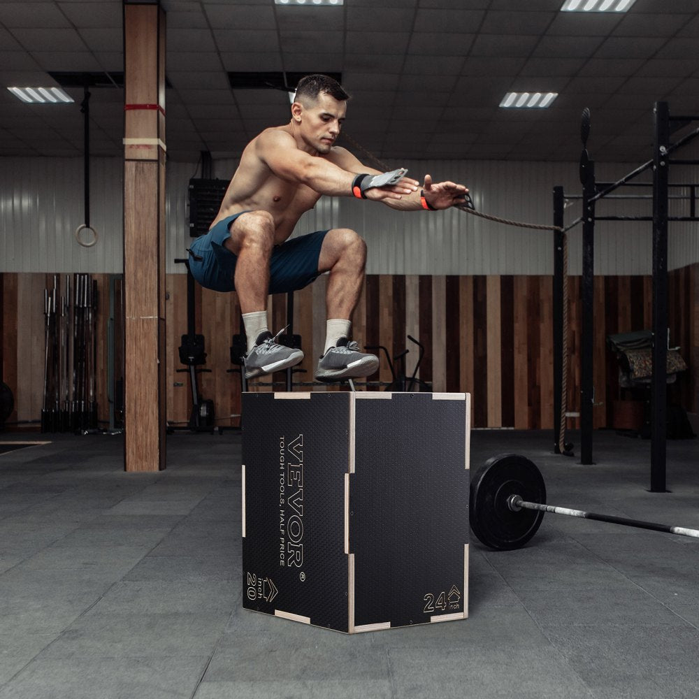 VEVOR 3 in 1 Plyometric Jump Box, 24/20/16 Inch Wooden Plyo Box, Platform & Jumping Agility Box, Anti-Slip Fitness