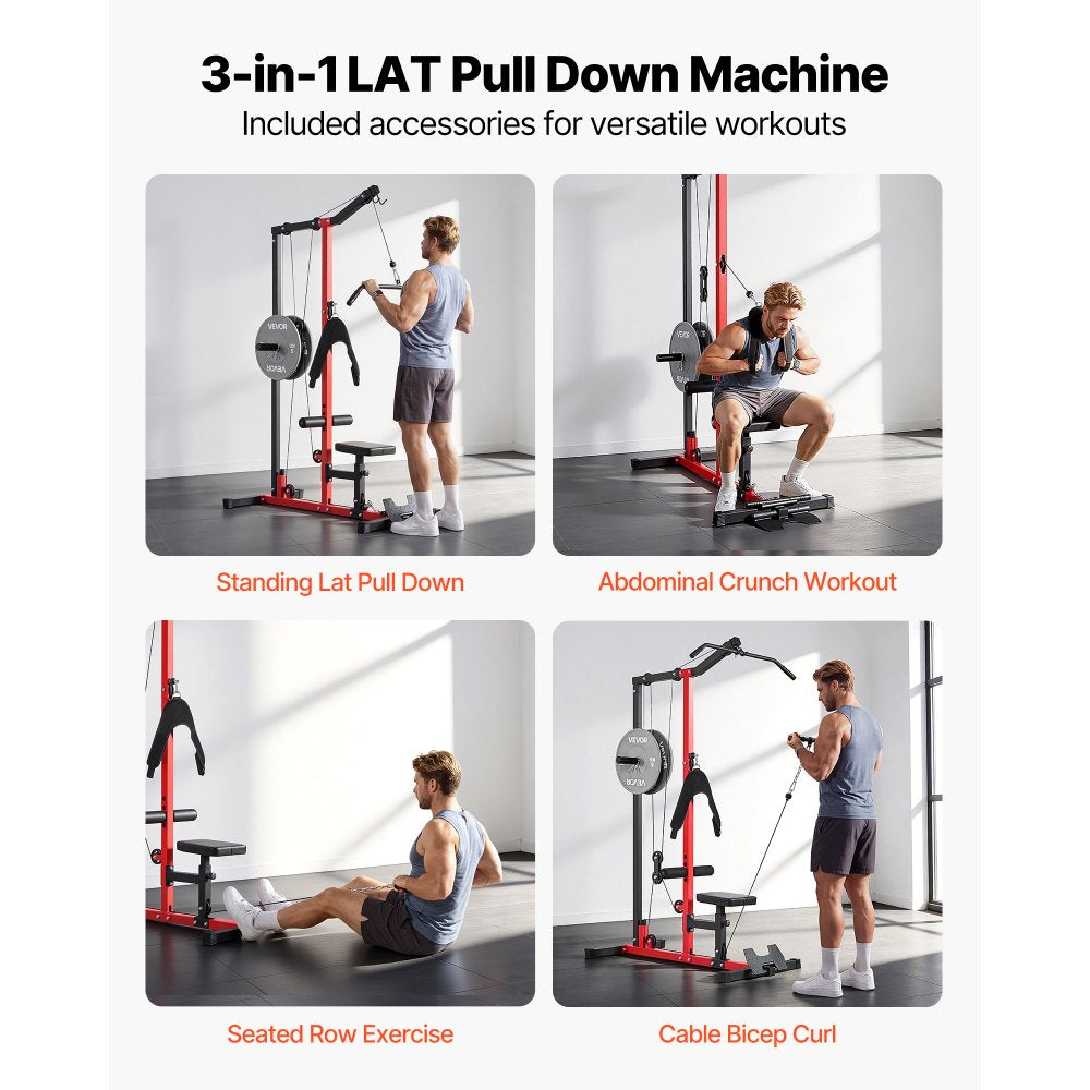 VEVOR LAT Pull Down Machine, 3-in-1 Row Cable Machine, Cable Machines Home Gym with 3-Level Adjustable Seat, 4-Level
