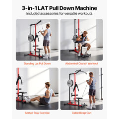 VEVOR LAT Pull Down Machine, 3-in-1 Row Cable Machine, Cable Machines Home Gym with 3-Level Adjustable Seat, 4-Level