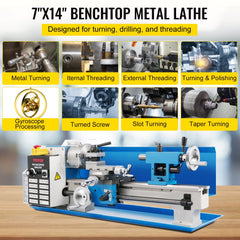VEVOR Compact Metal Lathe, 7"x14", Desktop Metalworking Lathe, 550W, Adjustable Speed up to 2250 RPM, Includes 3-jaw