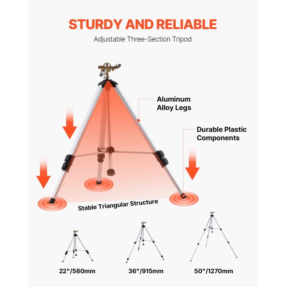 VEVOR Impact Sprinkler on Tripod Base, Heavy Duty Tripod Sprinklers with Brass Head & 3/4" Connector, 360 Degree Large