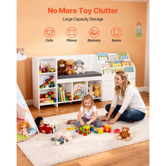 VEVOR Kids Reading Nook, Wooden Storage Bench with Backrest, Kids Bookshelf & Toy Organizer, Large Toy Box Chest for