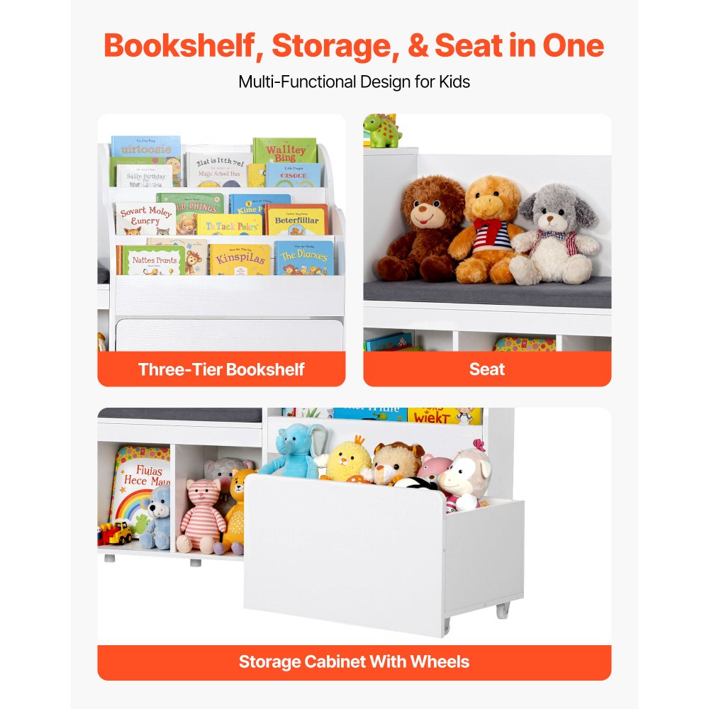 VEVOR Kids Reading Nook, Wooden Storage Bench with Backrest, Kids Bookshelf & Toy Organizer, Large Toy Box Chest for