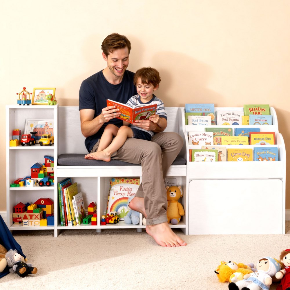VEVOR Kids Reading Nook, Wooden Storage Bench with Backrest, Kids Bookshelf & Toy Organizer, Large Toy Box Chest for