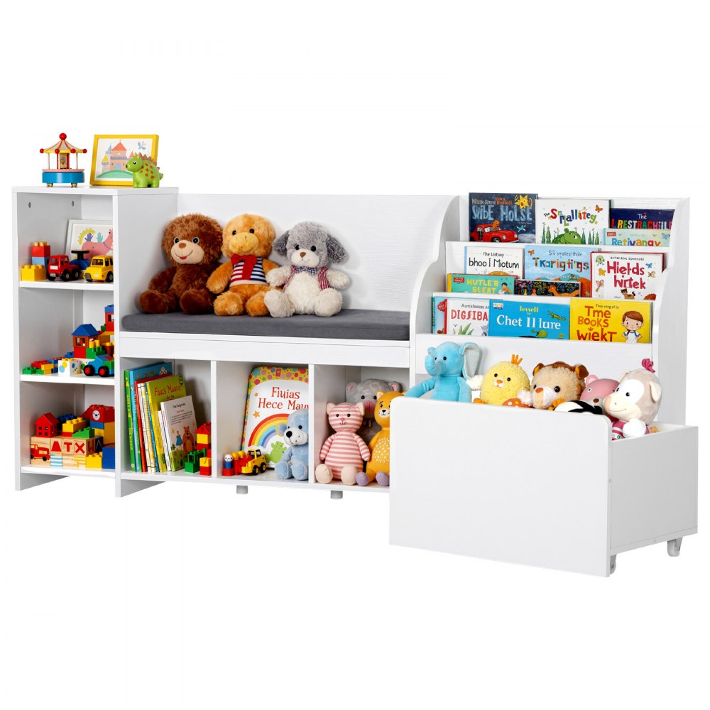 VEVOR Kids Reading Nook, Wooden Storage Bench with Backrest, Kids Bookshelf & Toy Organizer, Large Toy Box Chest for