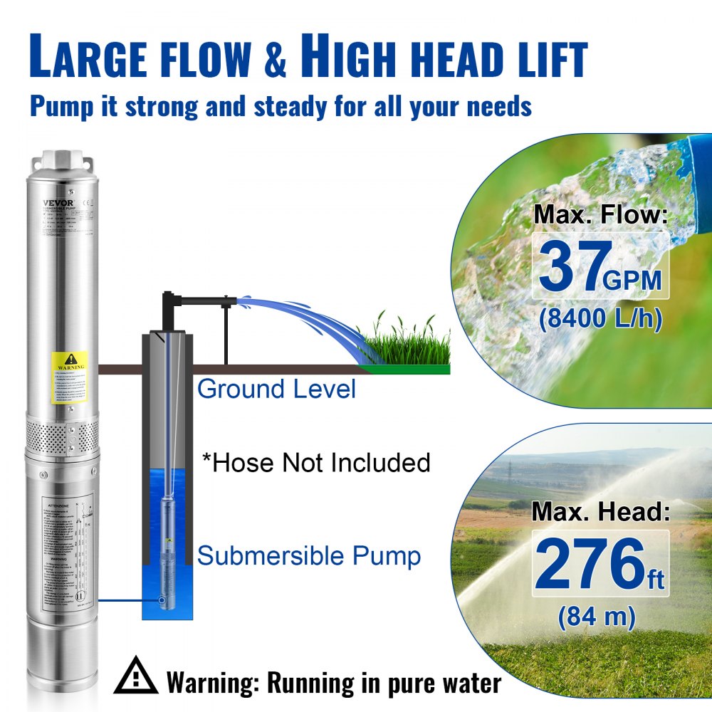 VEVOR Deep Well Submersible Pump, 1.5HP 230V/60Hz, 37gpm 276ft Head, with 33ft Electric Cord, 4" Stainless Steel Water