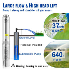 VEVOR Deep Well Submersible Pump, 3HP/2200W 230V/60Hz, 37GPM Flow 640 ft Head, with 33 ft Electric Cord, 4 inch