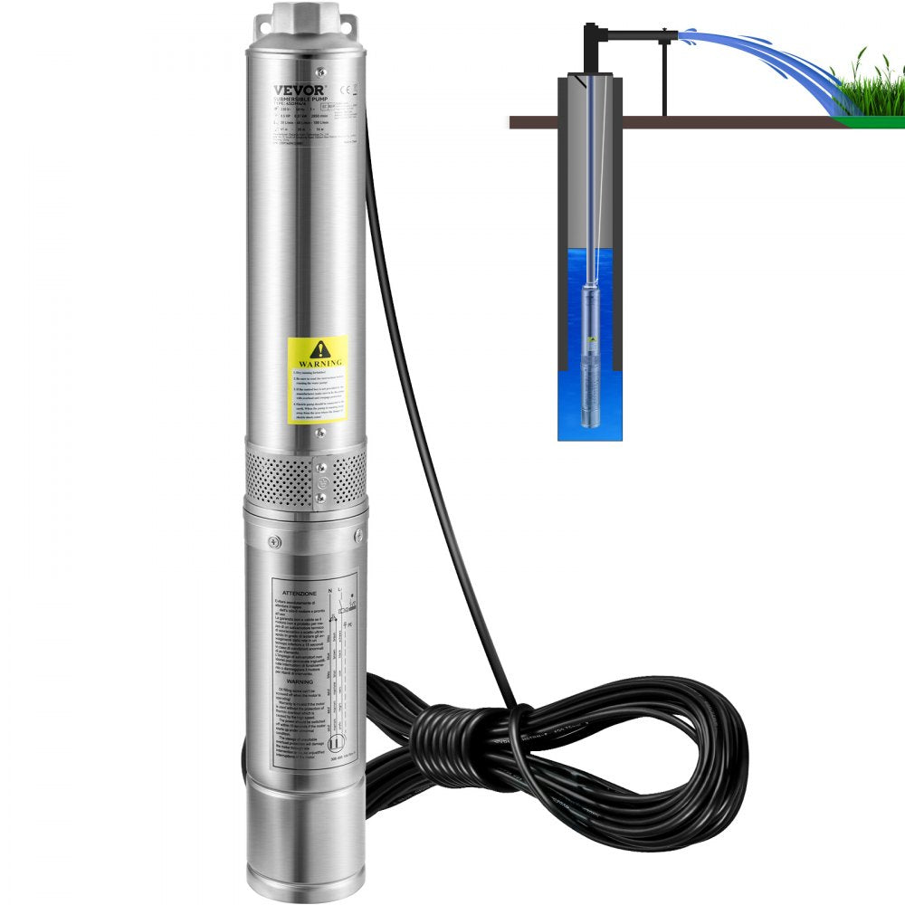 VEVOR Deep Well Submersible Pump, 3HP/2200W 230V/60Hz, 37GPM Flow 640 ft Head, with 33 ft Electric Cord, 4 inch