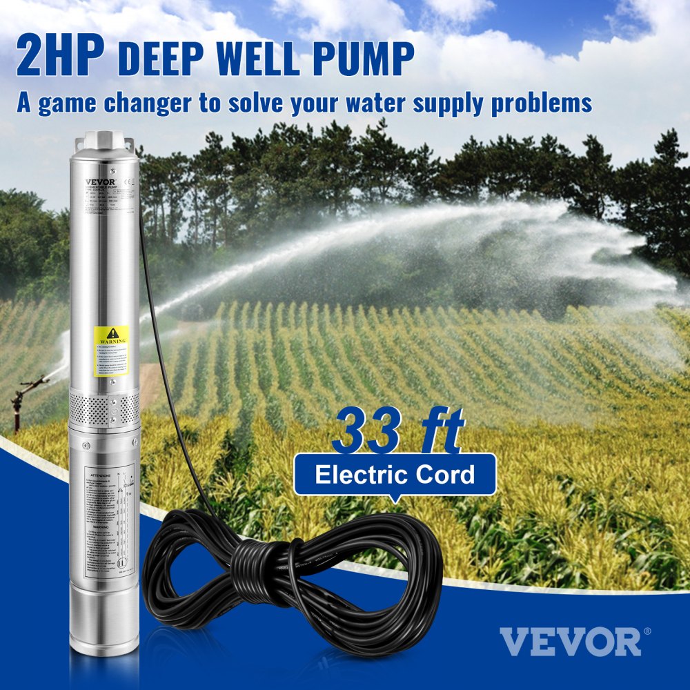VEVOR Deep Well Submersible Pump, 2HP/1500W 230V/60Hz, 37GPM Flow 427 ft Head, with 33 ft Electric Cord, 4 inch