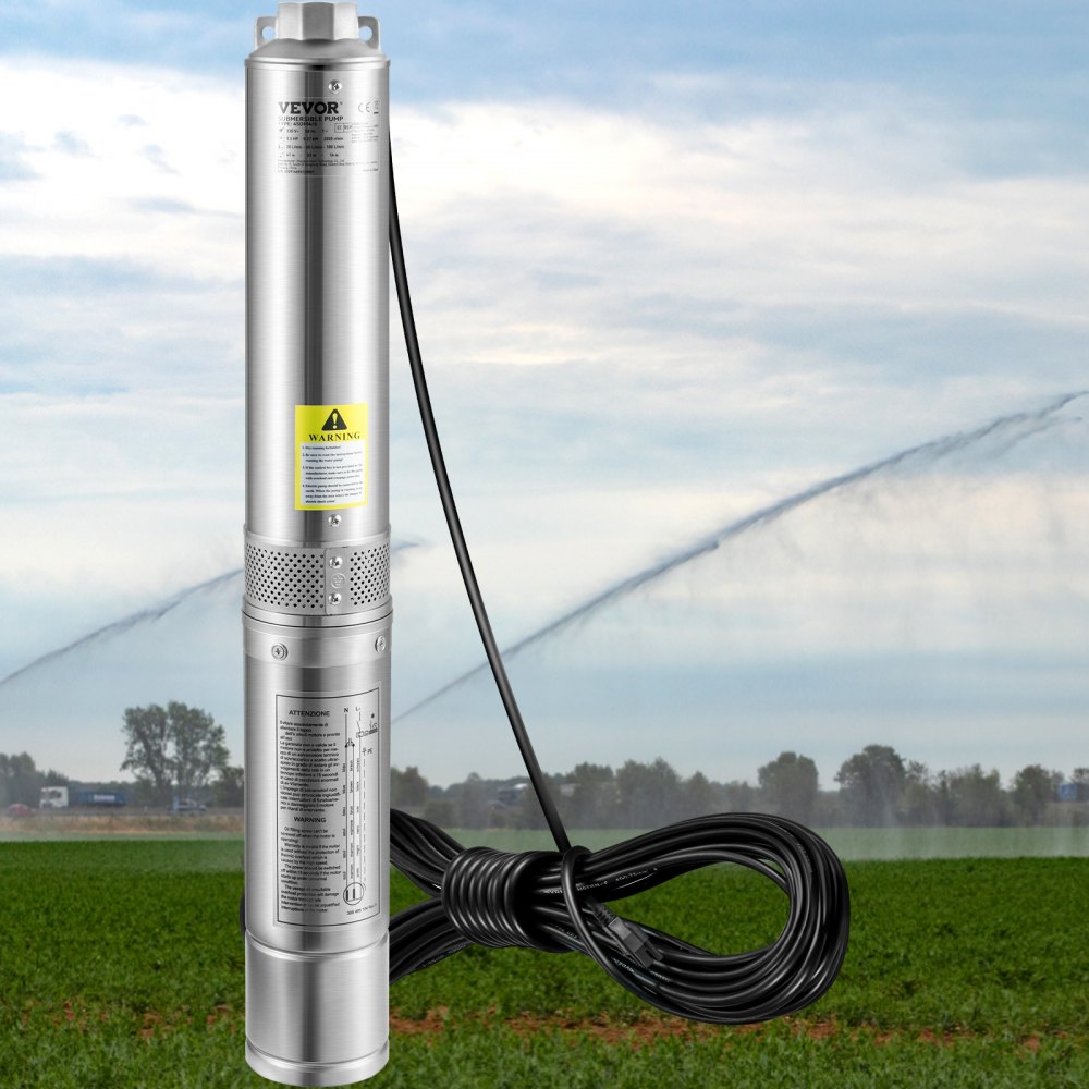 VEVOR Deep Well Submersible Pump, 1HP 230V/60Hz, 37gpm Flow 207ft Head, with 33ft Electric Cord, 4" Stainless Steel