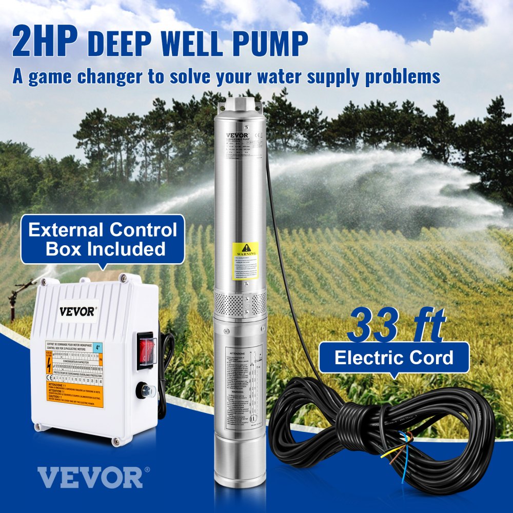VEVOR Deep Well Submersible Pump, 2HP 230V/60Hz, 37GPM 427 ft Head, with 33 ft Cord & External Control Box, 4 inch