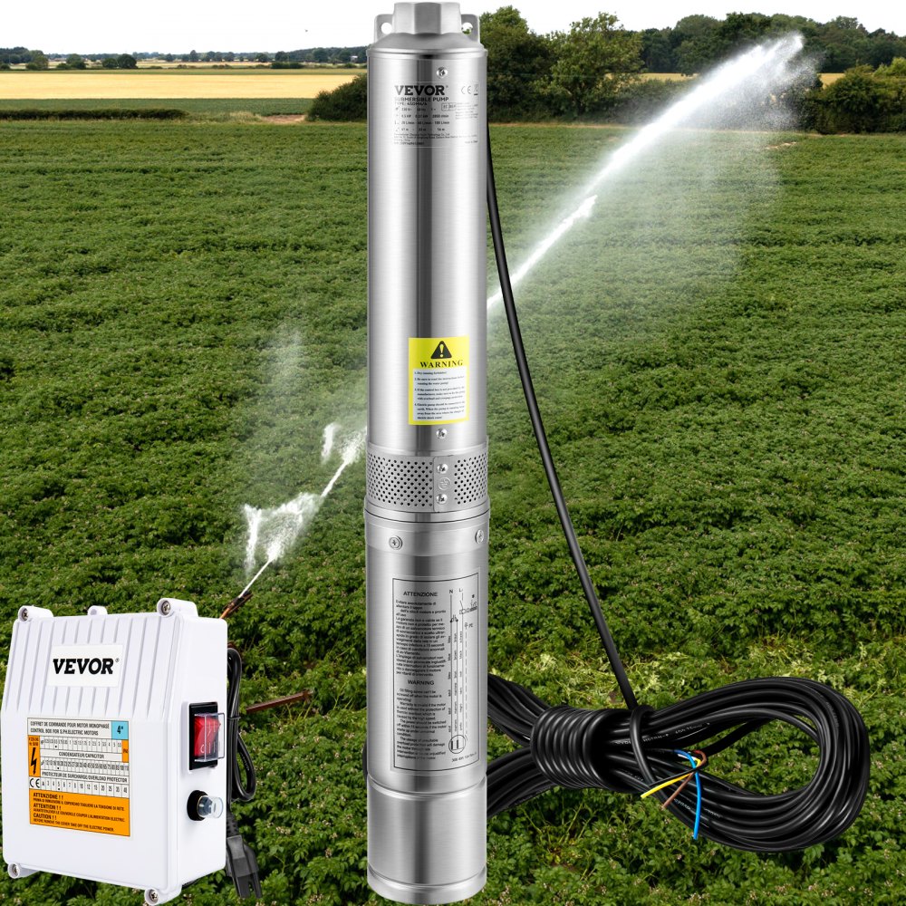 VEVOR Deep Well Submersible Pump, 2HP 230V/60Hz, 37GPM 427 ft Head, with 33 ft Cord & External Control Box, 4 inch