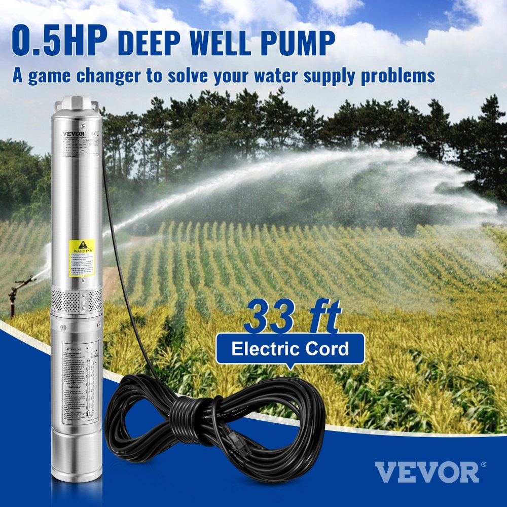 VEVOR Deep Well Submersible Pump, 0.5HP 115V/60Hz, 28gpm Flow 167ft Head, with 33ft Electric Cord, 4" Stainless Steel