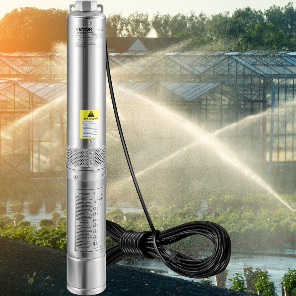 VEVOR Deep Well Submersible Pump, 0.5HP 115V/60Hz, 28gpm Flow 167ft Head, with 33ft Electric Cord, 4" Stainless Steel