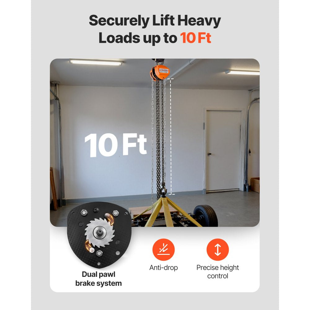 VEVOR Hand Chain Hoist, 1/2 Ton 1100 lbs Capacity, Manual Chain Block with Upgrade G80 Galvanized Chain, 10 ft Lifting