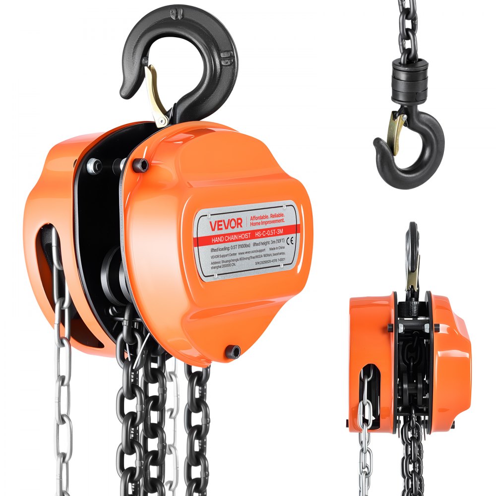 VEVOR Hand Chain Hoist, 1/2 Ton 1100 lbs Capacity, Manual Chain Block with Upgrade G80 Galvanized Chain, 10 ft Lifting