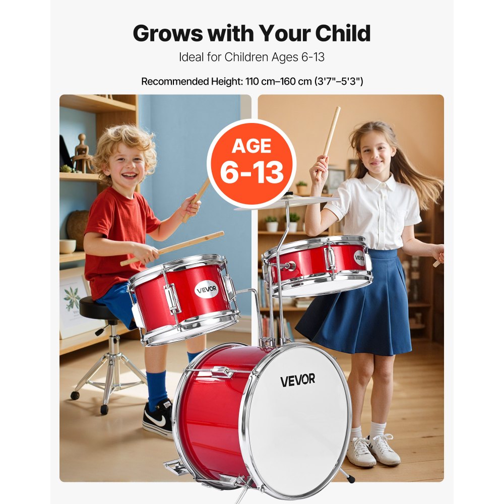 VEVOR Kids Drum Set, 3-Piece 14 in Junior Drum Sets, Beginner Drums Set with Adjustable Throne, Cymbal & Two Pairs of