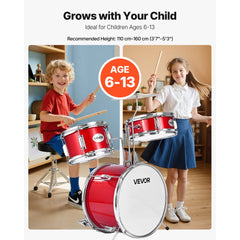 VEVOR Kids Drum Set, 3-Piece 14 in Junior Drum Sets, Beginner Drums Set with Adjustable Throne, Cymbal & Two Pairs of