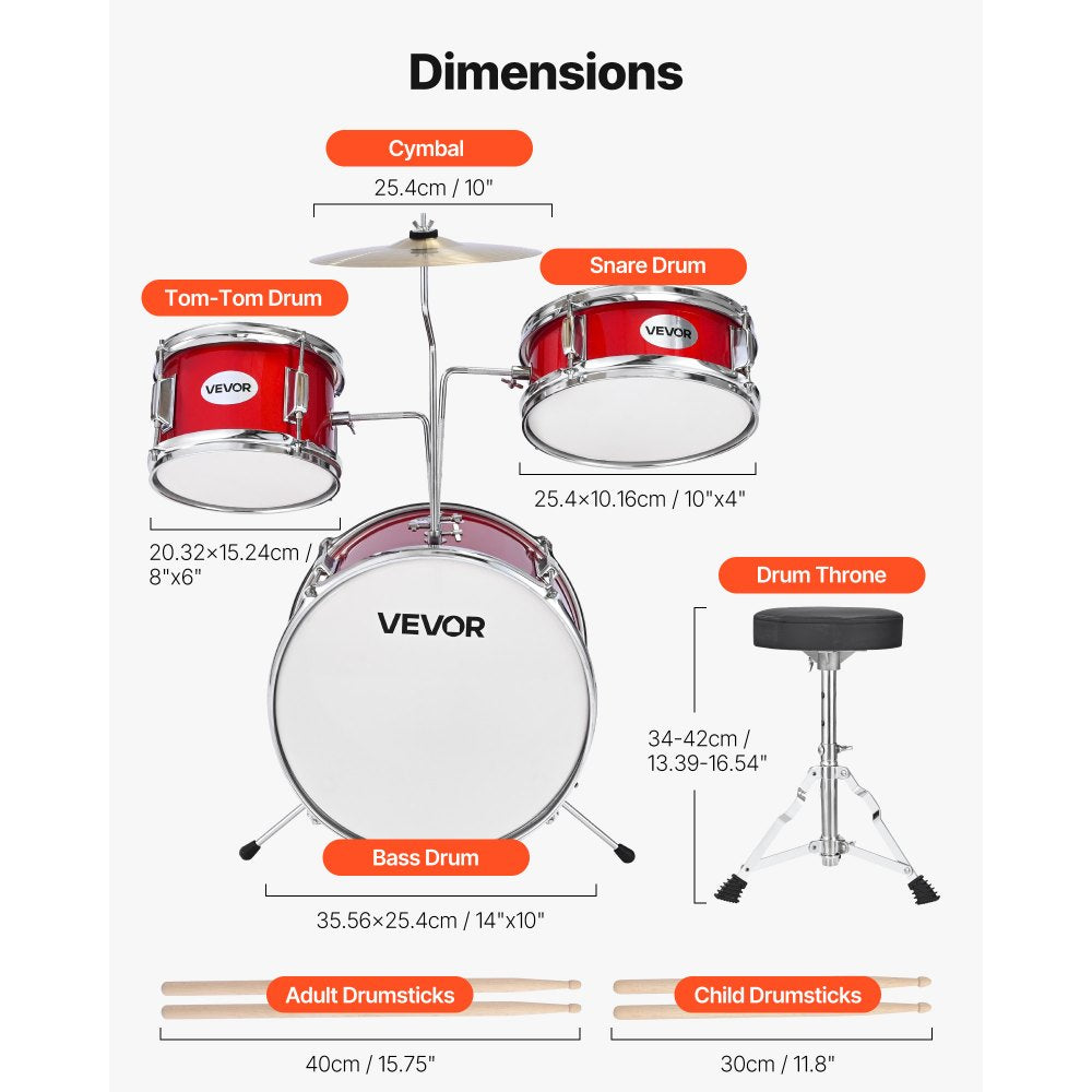 VEVOR Kids Drum Set, 3-Piece 14 in Junior Drum Sets, Beginner Drums Set with Adjustable Throne, Cymbal & Two Pairs of