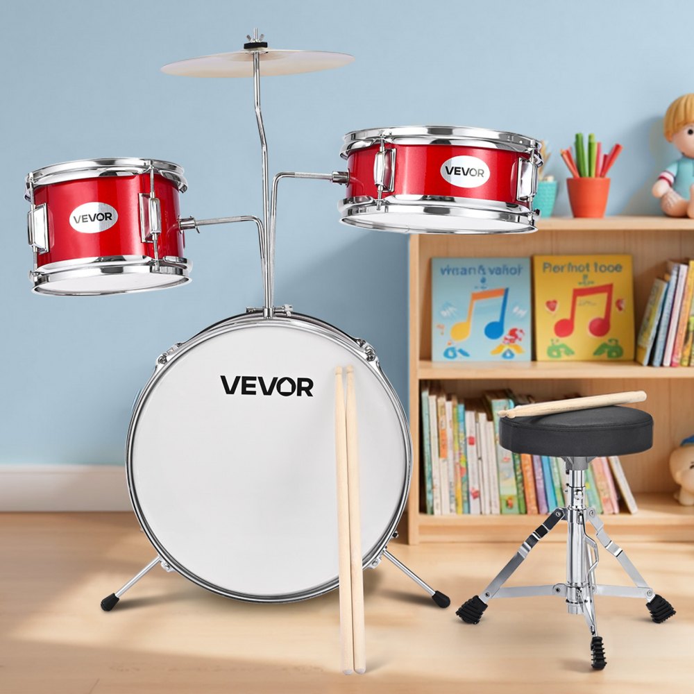 VEVOR Kids Drum Set, 3-Piece 14 in Junior Drum Sets, Beginner Drums Set with Adjustable Throne, Cymbal & Two Pairs of
