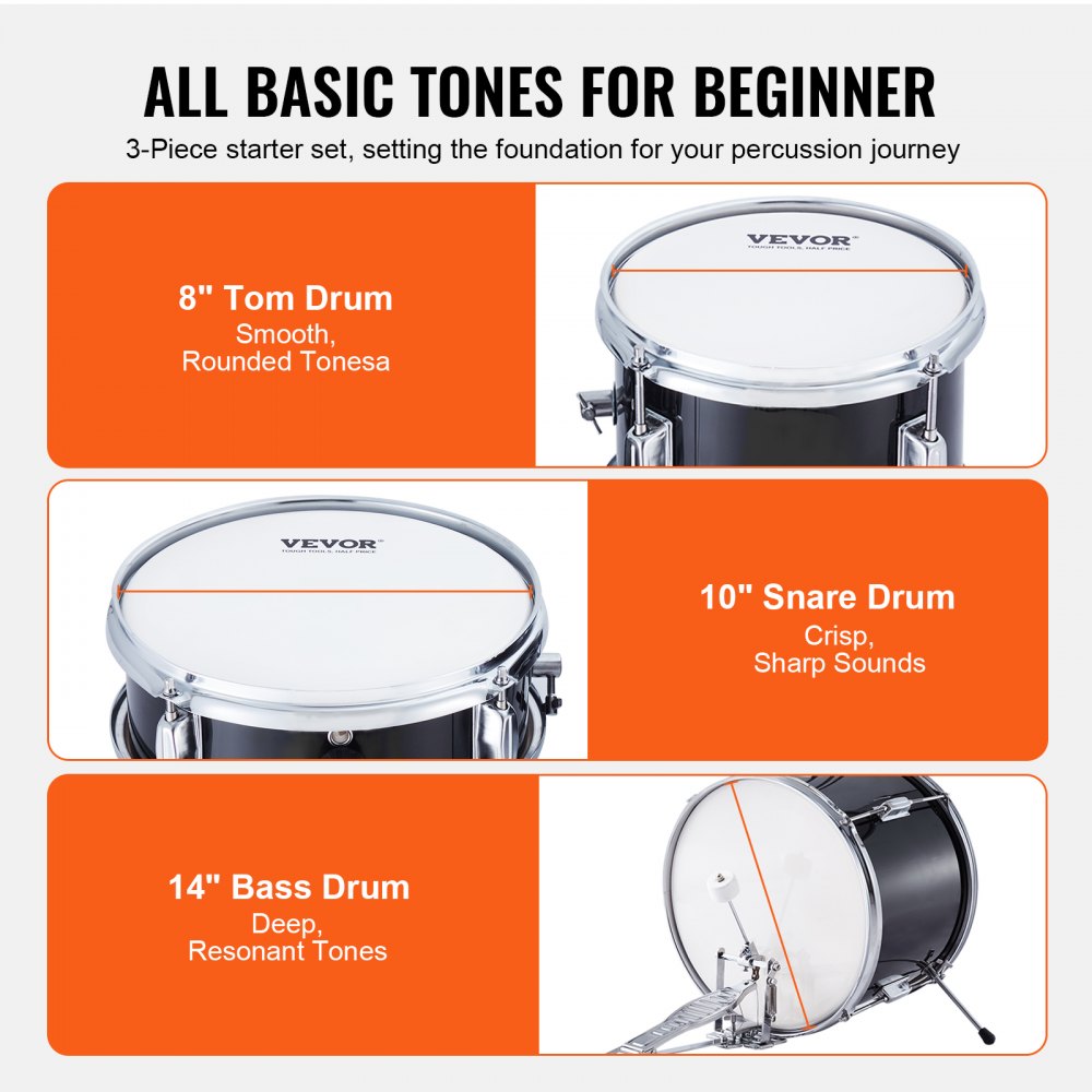 VEVOR Kids Drum Set, 3-Piece, 14 in Beginner Drum Set with Adjustable Throne Cymbal Pedal Two Pairs of Drumsticks, 8''