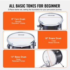 VEVOR Kids Drum Set, 3-Piece, 14 in Beginner Drum Set with Adjustable Throne Cymbal Pedal Two Pairs of Drumsticks, 8''