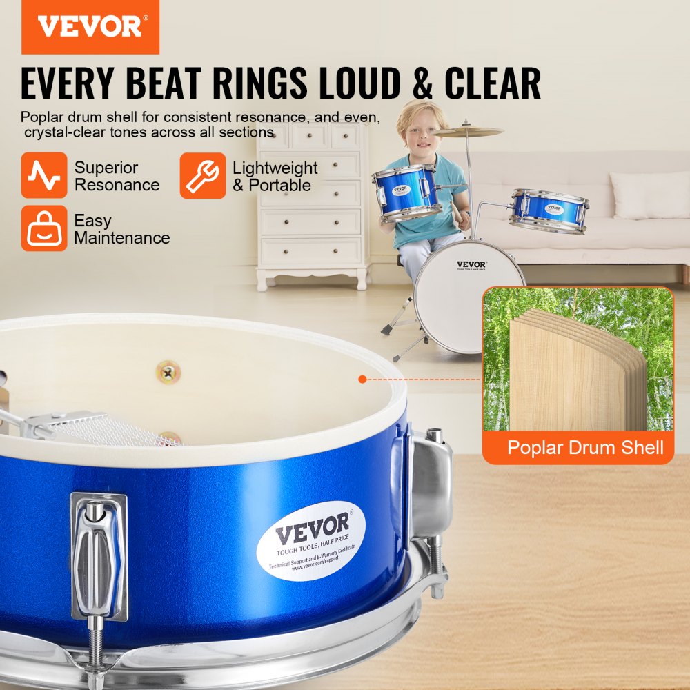 VEVOR Kids Drum Set, 3-Piece, 14 in Beginner Drum Set with Adjustable Throne Cymbal Pedal Two Pairs of Drumsticks, 8''