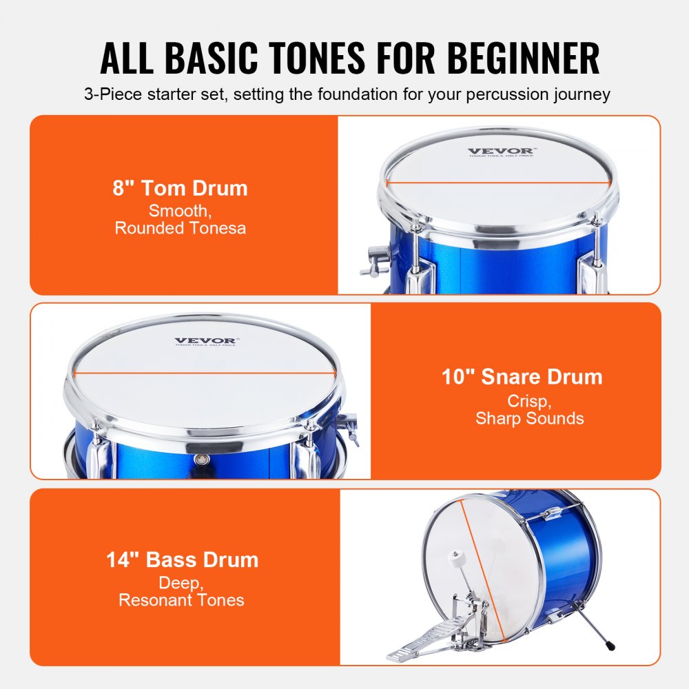 VEVOR Kids Drum Set, 3-Piece, 14 in Beginner Drum Set with Adjustable Throne Cymbal Pedal Two Pairs of Drumsticks, 8''