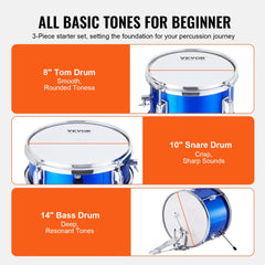 VEVOR Kids Drum Set, 3-Piece, 14 in Beginner Drum Set with Adjustable Throne Cymbal Pedal Two Pairs of Drumsticks, 8''