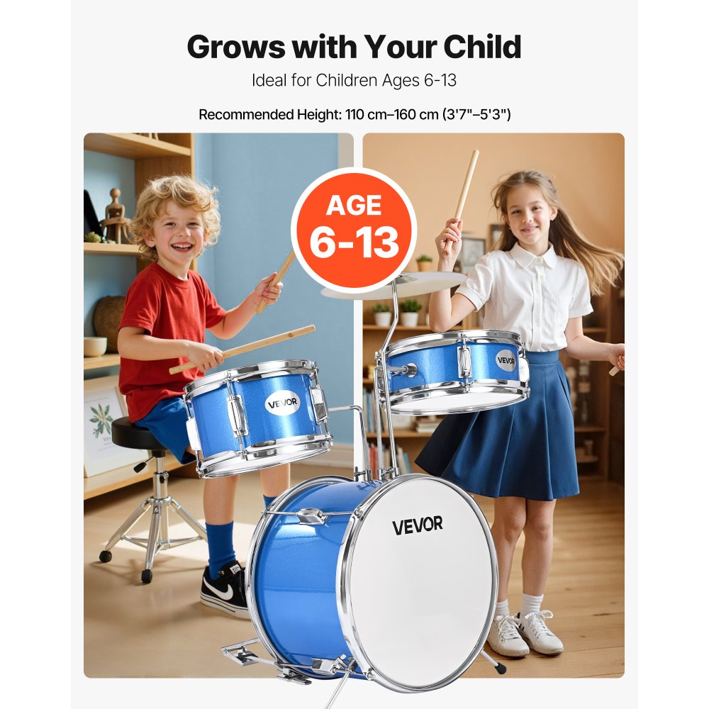 VEVOR Kids Drum Set, 3-Piece 14 in Junior Drum Sets, Beginner Drums Set with Adjustable Throne, Cymbal & Two Pairs of