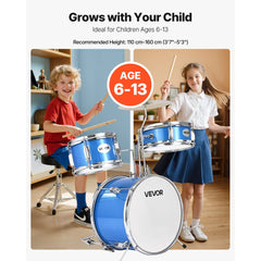 VEVOR Kids Drum Set, 3-Piece 14 in Junior Drum Sets, Beginner Drums Set with Adjustable Throne, Cymbal & Two Pairs of