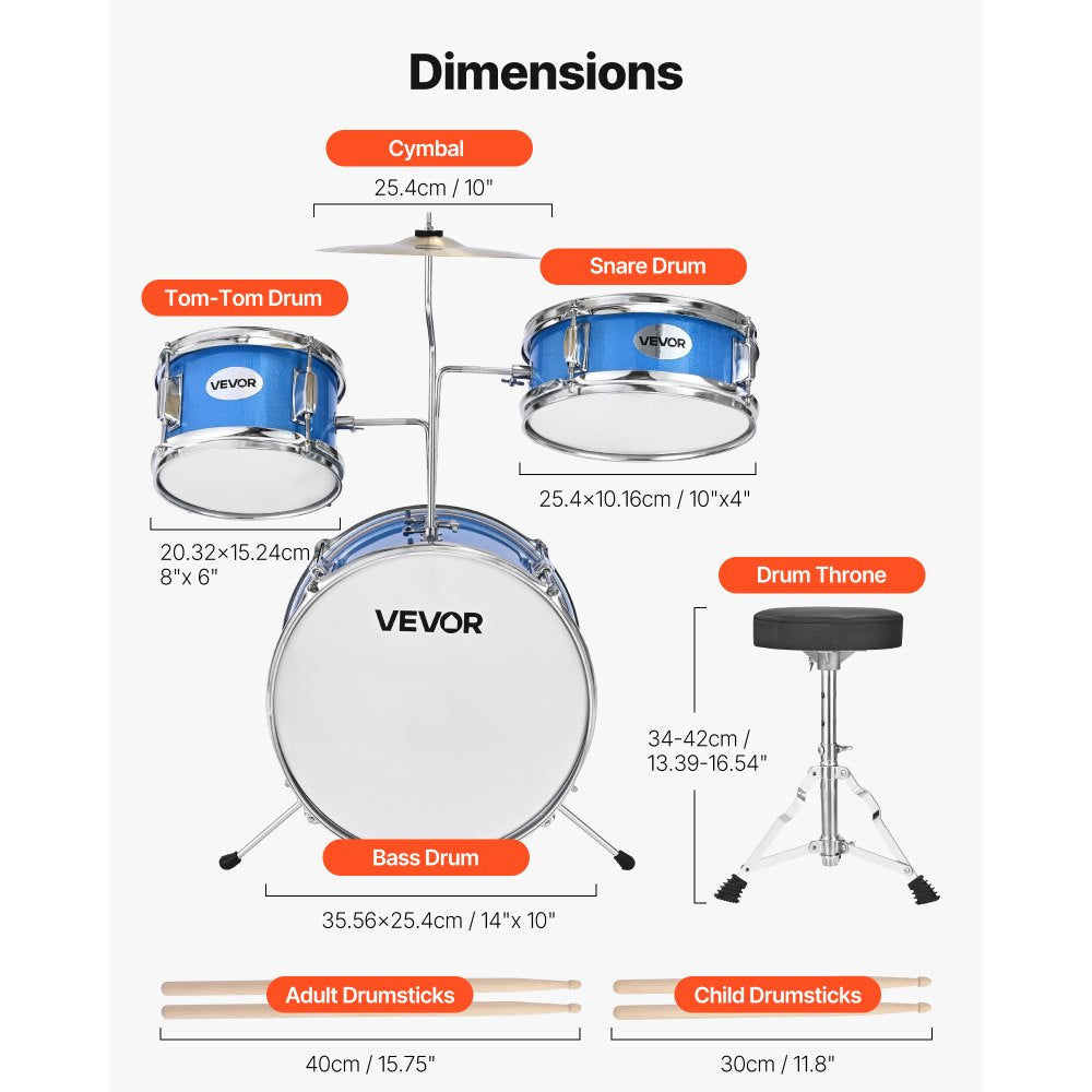 VEVOR Kids Drum Set, 3-Piece 14 in Junior Drum Sets, Beginner Drums Set with Adjustable Throne, Cymbal & Two Pairs of