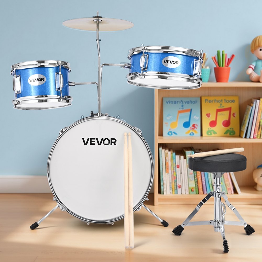 VEVOR Kids Drum Set, 3-Piece 14 in Junior Drum Sets, Beginner Drums Set with Adjustable Throne, Cymbal & Two Pairs of