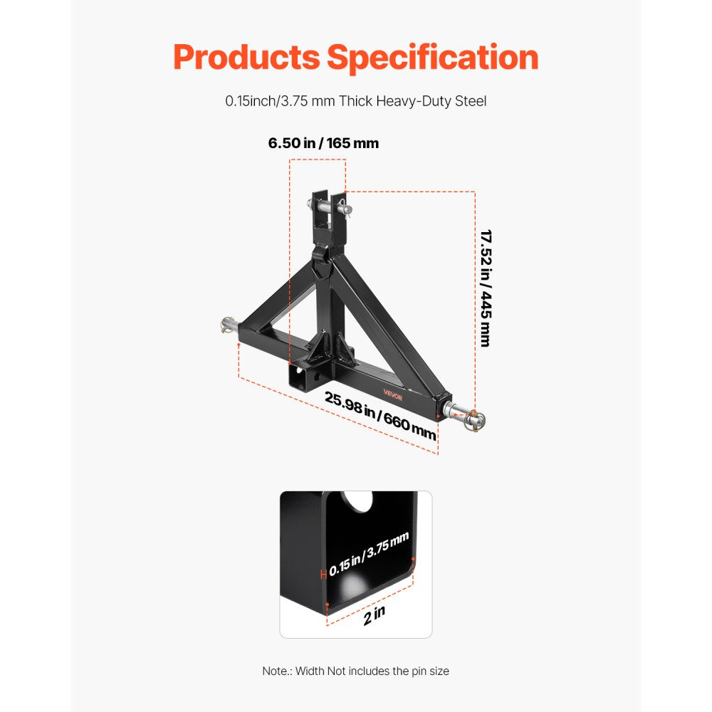 VEVOR 3 Point Hitch Receiver with 2 in Receiver, 3pt Quick Hitch Attachment, 3,000 lbs Capacity, Heavy Duty Tractor Tow