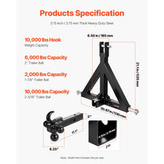VEVOR 3 Point Trailer Hitch 2 in Receiver, 3pt Quick Hitch Attachment with 3 Trailer Balls, Tractor Tow Drawbar