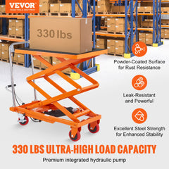 VEVOR Hydraulic Lift Table Cart, 330lbs Capacity 50" Lifting Height, Manual Double Scissor Lift Table with 4 Wheels and