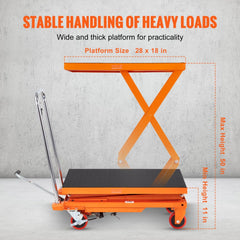 VEVOR Hydraulic Lift Table Cart, 330lbs Capacity 50" Lifting Height, Manual Double Scissor Lift Table with 4 Wheels and