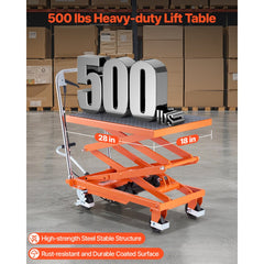 VEVOR Hydraulic Lift Table, 500 lbs Capacity, 47.2" Lifting Height, Double Scissor Lift Table Cart with 4 Wheels and