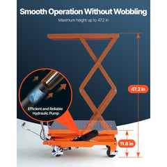 VEVOR Hydraulic Lift Table, 500 lbs Capacity, 47.2" Lifting Height, Double Scissor Lift Table Cart with 4 Wheels and