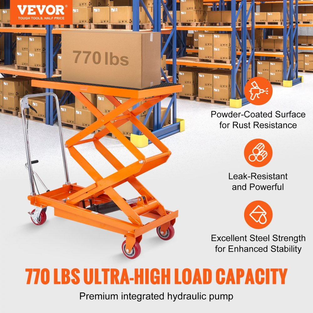 VEVOR Hydraulic Lift Table Cart, 770lbs Capacity 59" Lifting Height, Manual Double Scissor Lift Table with 4 Wheels and