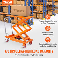 VEVOR Hydraulic Lift Table Cart, 770lbs Capacity 59" Lifting Height, Manual Double Scissor Lift Table with 4 Wheels and