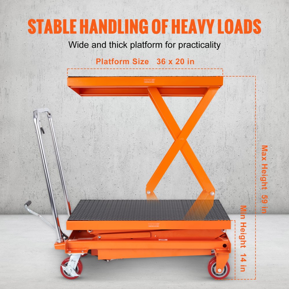 VEVOR Hydraulic Lift Table Cart, 770lbs Capacity 59" Lifting Height, Manual Double Scissor Lift Table with 4 Wheels and