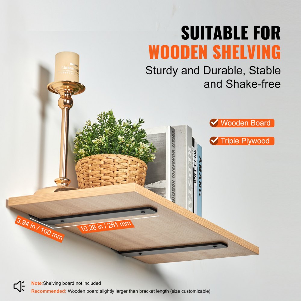 VEVOR Shelf Bracket, 10"L x 4"W x 1.6"H, 6 Pcs Heavy Duty Floating Shelf Brackets, Brackets for Shelves, 5mm Thick