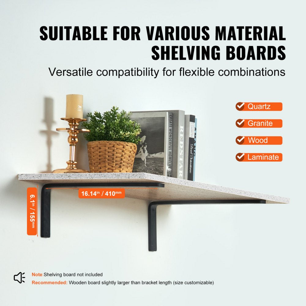VEVOR Shelf Bracket, 16 x 6 in 4 Pcs, Heavy Duty Floating Shelf Brackets, Brackets for Shelves, 10mm Thick Matte Black